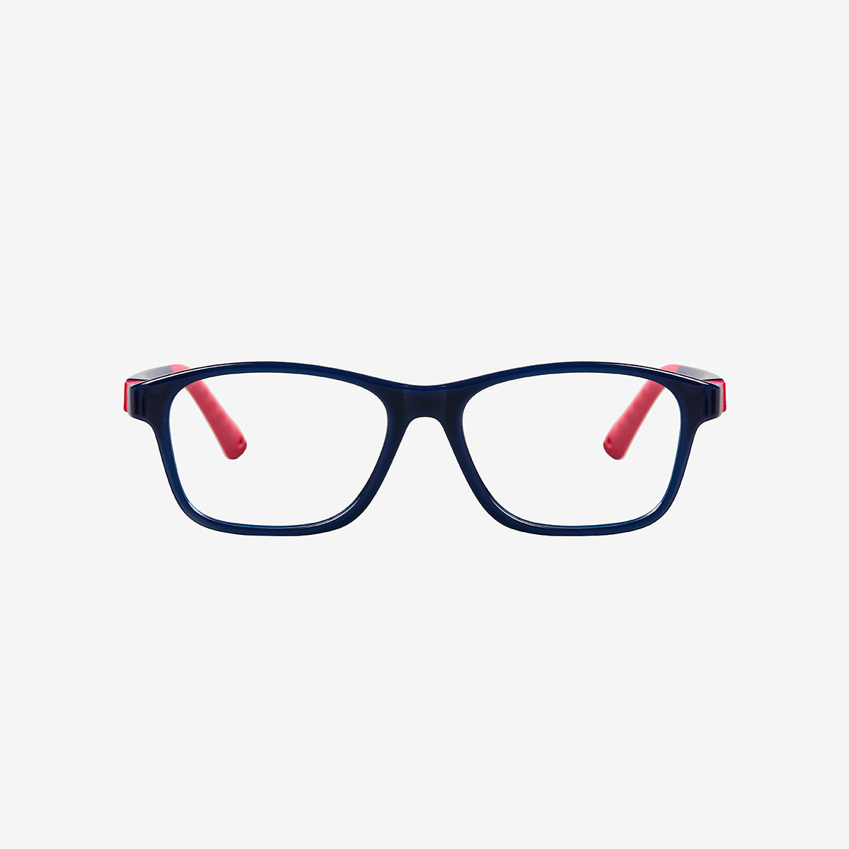 Dark blue & red indestructible kids prescription glasses showing a 360-degree flexible hinge design, adjustable temple tips, and an attached elastic sports strap. Front view.