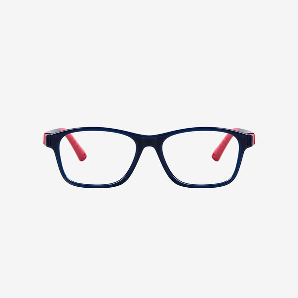 Dark blue & red indestructible kids prescription glasses showing a 360-degree flexible hinge design, adjustable temple tips, and an attached elastic sports strap. Front view.
