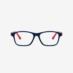 Dark blue & red indestructible kids prescription glasses showing a 360-degree flexible hinge design, adjustable temple tips, and an attached elastic sports strap. Front view.