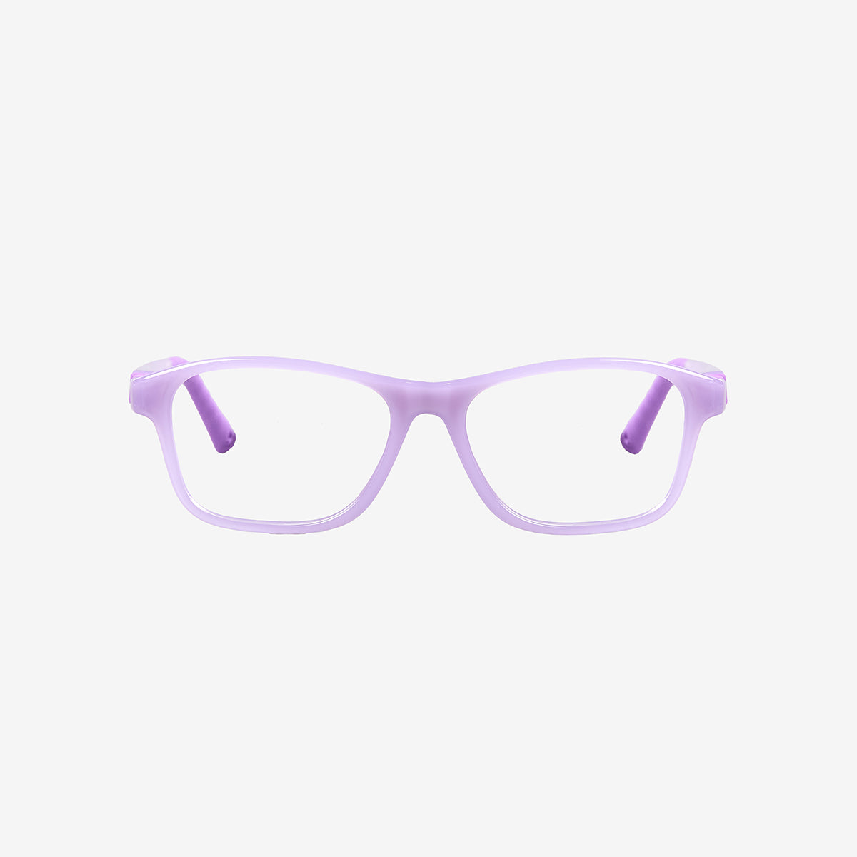 Translucent purple indestructible kids prescription glasses showing a 360-degree flexible hinge design, adjustable temple tips, and an attached elastic sports strap. Front view.
