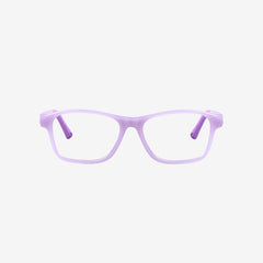 Translucent purple indestructible kids prescription glasses showing a 360-degree flexible hinge design, adjustable temple tips, and an attached elastic sports strap. Front view.
