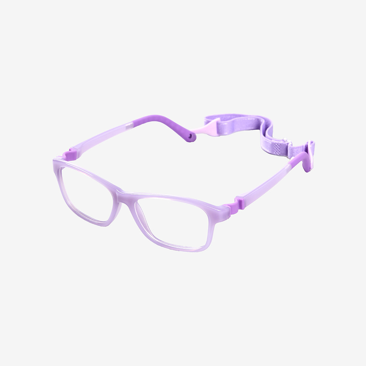 Translucent purple indestructible kids prescription glasses showing a 360-degree flexible hinge design, adjustable temple tips, and an attached elastic sports strap. Side view.
